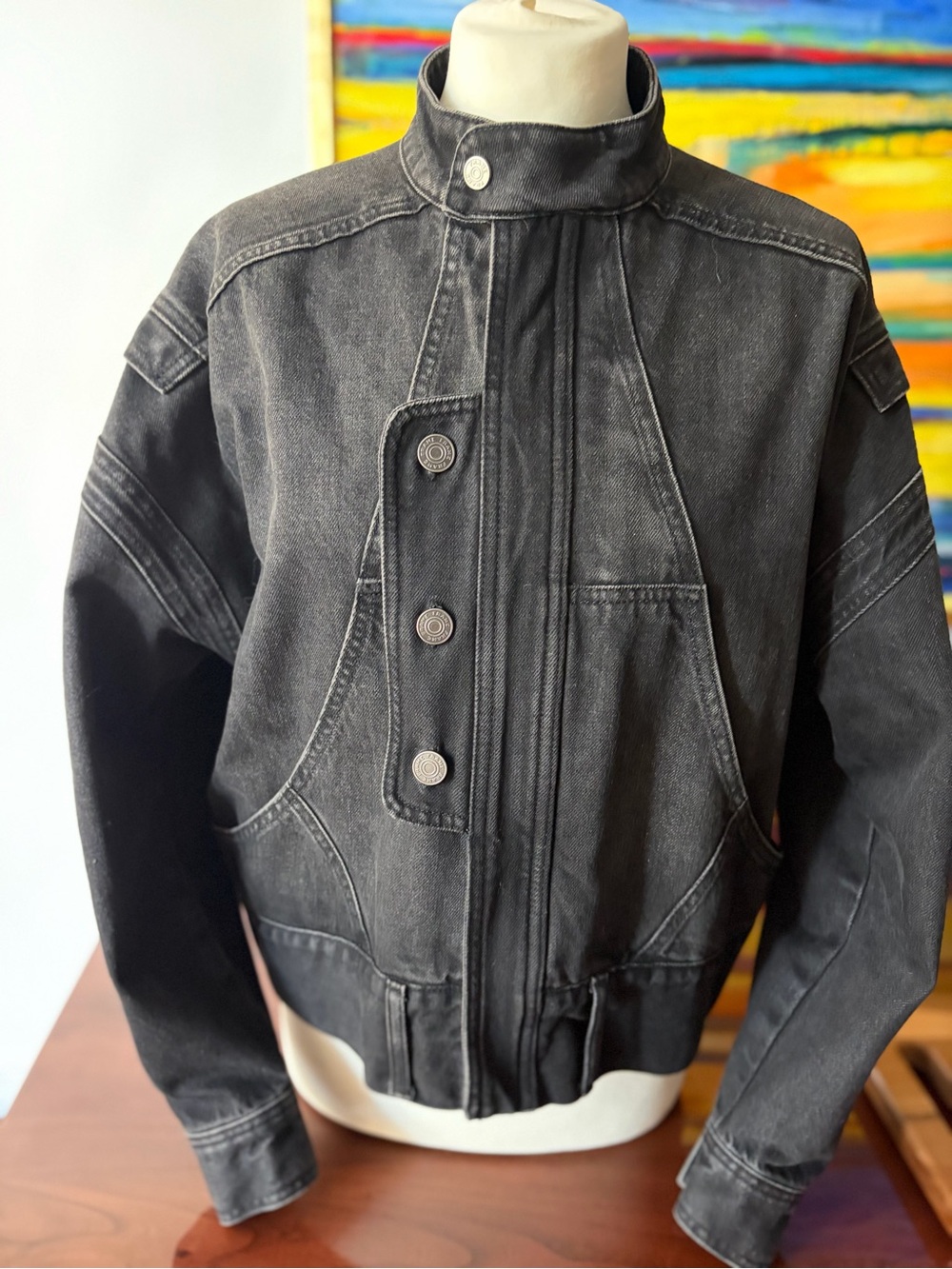 FRAME Trendy Designer Style Collarless Black Denim Zip Jacket XS Oversized Rare